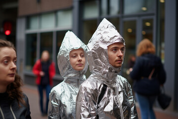 Two individuals wearing shiny, metallic, hooded jackets stand on a city street, with a woman and blurred pedestrians in the background.