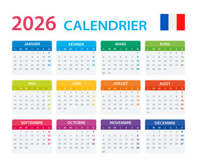 2026 Calendar French - vector illustration, French version.