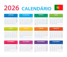 2026 Calendar Portuguese - vector illustration, Portuguese version.