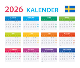 2026 Calendar Sweden - vector illustration, Swedish version.