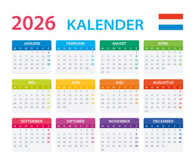 2026 Calendar Dutch - vector illustration, Dutch version.