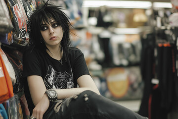 Young woman with black spiky hair, dark makeup, and a black graphic t-shirt sitting against a store shelf in a retail environment.