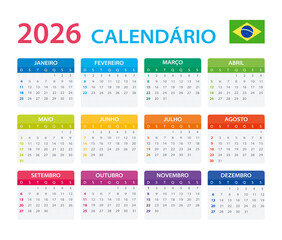 2026 Calendar Brazilian - vector illustration, Brazilian version.