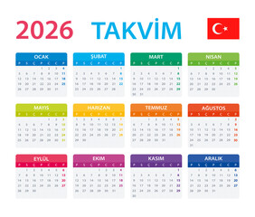 2026 Calendar Turkish - vector illustration, Turkish version.