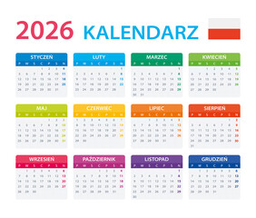 2026 Calendar Polish - vector illustration, Polish version.
