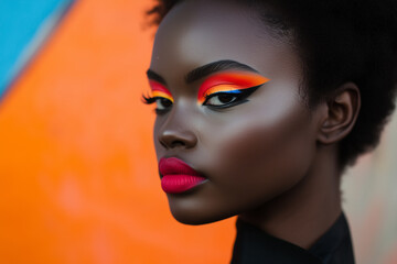 Close-up of a woman with bold, colorful makeup featuring yellow, orange, red, and blue eyeshadow, and bright pink lipstick against an orange background.