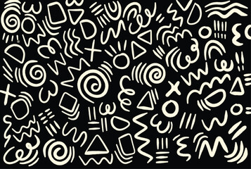 Memphis geometric seamless pattern. pastel abstract background in retro 80s, 90s style with various shapes: circles, semicircles, dots, zigzags, spirals, wavy lines. Cute kid doodle design.