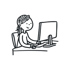 Doodle illustration of a woman working on computer on isolated white background