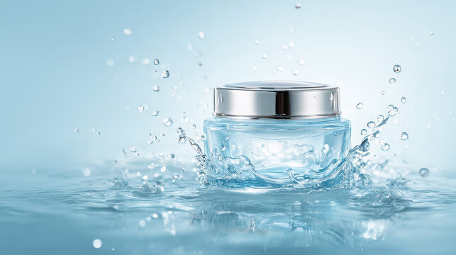 Hydrating Cream: A cosmetic jar sits serenely amidst a refreshing cascade of water, presenting a clean, crisp, and hydrating product for the skin, evoking feelings of freshness and purity.