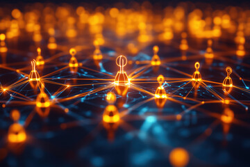 Digital network with interconnected glowing nodes and lines, representing data transfer or communication in a high-tech environment.