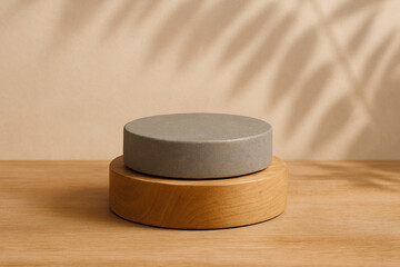 Sunlit Concrete Podium with Leaf Shadows on Wood Table – Natural Outdoor-Inspired Product Scene