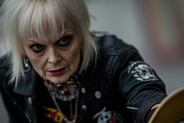 Woman with platinum blonde hair, intense expression, wearing a black leather jacket with patches, looking directly at the camera.