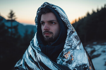 Man wrapped in a reflective emergency blanket outdoors during sunset, with a forested mountain background.