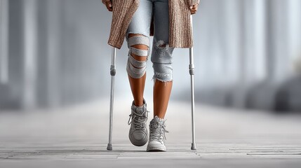 Woman limping with ankle brace while walking on crutches, city sidewalk setting with ample space for health message