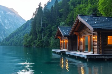 Fototapeta premium Tranquil wooden cabins reflect in serene lake surrounded by lush mountains at dusk