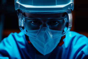 Close up of man's face wearing laboratory helmet, safety goggles and mask, laboratory worker.