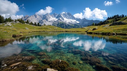 Fototapeta premium Breathtaking view of majestic mountains reflected in a crystal-clear lake, surrounded by vibrant meadows, showcasing the beauty of nature and tranquility in this pristine landscape.