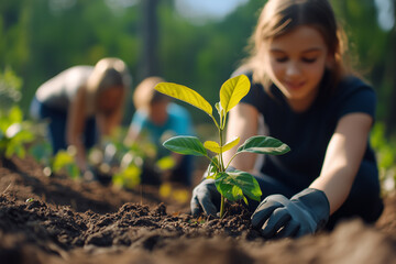 A young girl planting a small tree in soil, with other children working in the background, outdoors in a green, natural setting.