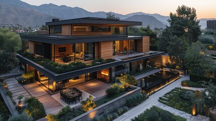 This image showcases a modern architectural masterpiece nestled in serene surroundings, reflecting elegance and contemporary living amid lush greenery and mountains.