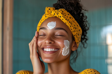 Smiling woman with a yellow headband and polka-dot shirt applies skincare cream to her face in a bright, cozy room.