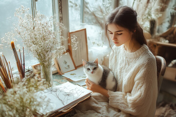Young woman in cozy sweater sitting by window with a cat, surrounded by art supplies, flowers, and sketches in a warmly lit room.