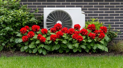 White Air Conditioner Unit Set Among Red Flowers and Dark Brick Wall on a Lawn