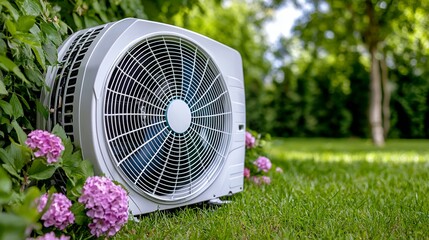 White Air Conditioning Unit on Green Lawn with Pink Hydrangeas