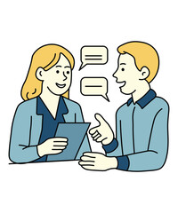 Two office workers having a discussion while holding a tablet. They look engaged and communicative, representing teamwork and collaboration.