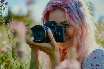 Young woman with pink and purple hair takes a photo outdoors among flowers, smiling behind a camera.