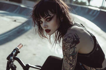 A woman with dark makeup and tattoos, sitting on a motorcycle in an outdoor skate park with ramps and concrete surfaces.