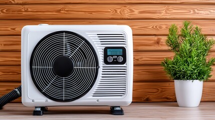White Heat Pump with Digital Display Against Wooden Wall