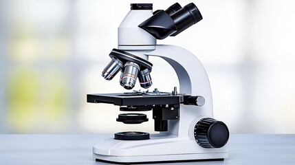 White Laboratory Microscope on Gray Surface Against Blurred Background