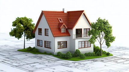 White House Model on Blueprint with Green Trees
