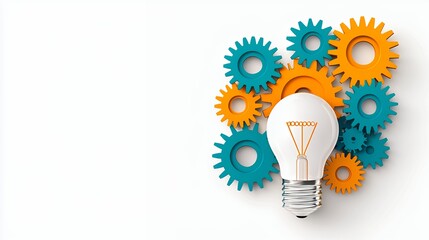 White Lightbulb and Interlocking Teal and Orange Gears on White Background