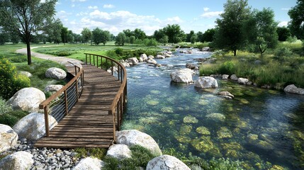 Wooden Bridge Over Clear River Amid Lush Greenery and Blue Sky Tranquil Landscape