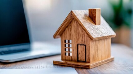 Wooden House Model near Laptop on Desk