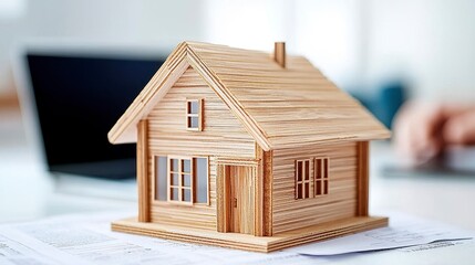 Wooden Model House on Paperwork Closeup View
