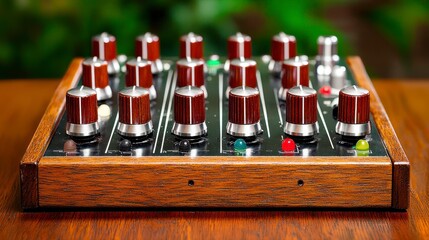 Wooden Electronic Device with Numerous Knobs and Colored Lights