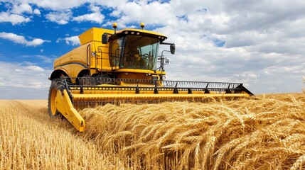 Yellow Combine Harvester Harvesting Golden Wheat Field Under Partly Cloudy Sky