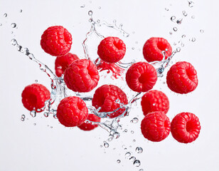 Fresh Red Raspberries and Splashing Water Levitating on White