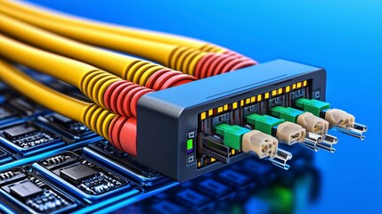 Yellow Ethernet Cables Connected to Network Switch on a Circuit Board Background