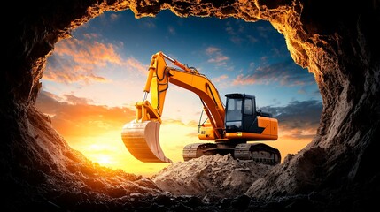 Yellow Excavator at Sunset Viewed from Cave Opening