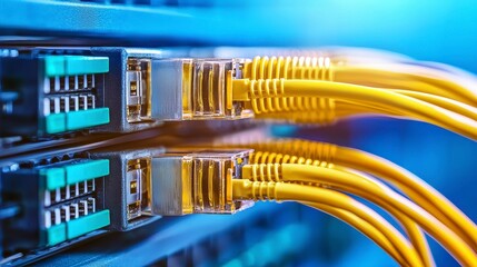 Yellow Fiber Optic Cables Connected to Network Server