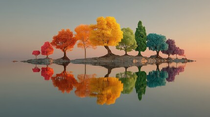 Vibrant autumn colors reflect on calm water at a serene lakeside island during sunset