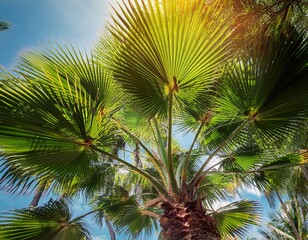 Fototapeta premium lush green palm trees with broad leaves showcasing a vibrant tropical aesthetic and rich foliage