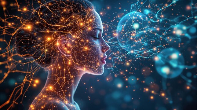 A dreamlike digital artwork portraying the intricate interplay of hormones, neurotransmitters, and emotional states within a woman’s body, visualized through radiant energy flows, neural networks