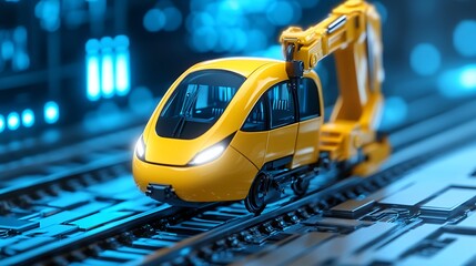 Yellow High Speed Train Model with Robotic Arm on Futuristic Blue Track