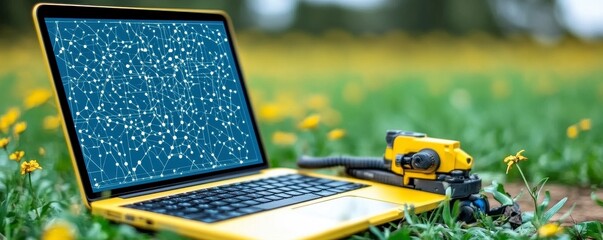 Yellow Laptop and Small Device in a Wildflower Field
