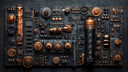 Intricate steampunk-style panel with copper and dark metal components.