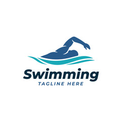 Freestyle Swimming Logo - Blue Silhouette of Swimmer on Water Waves
